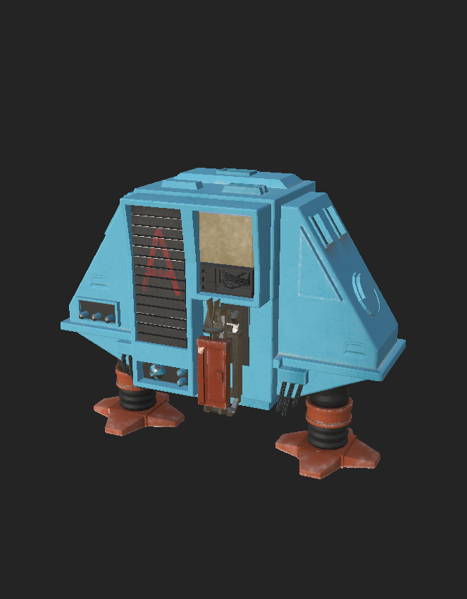 The lone caretaker robot from A Quiet Voyage: a boxy, sky-blue machine on four orange feet